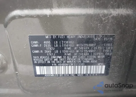 2015 Subaru Outback 2.5I Premium from USA, damaged, VIN 4S4BSAFC2F3313385